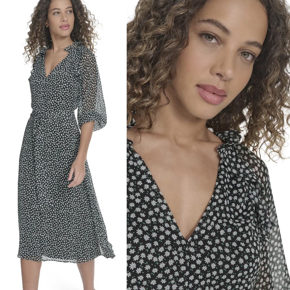 La Nouvelle Renaissance Long Sleeve Green Floral Pleated Dress